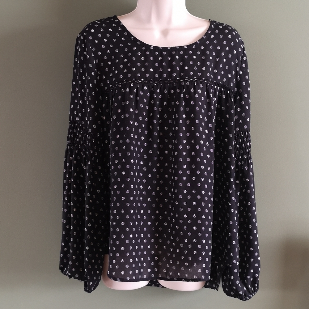 Spense Abstract Polka Dot Smocked Sleeve Detail Flowy Keyhole Back Sz L